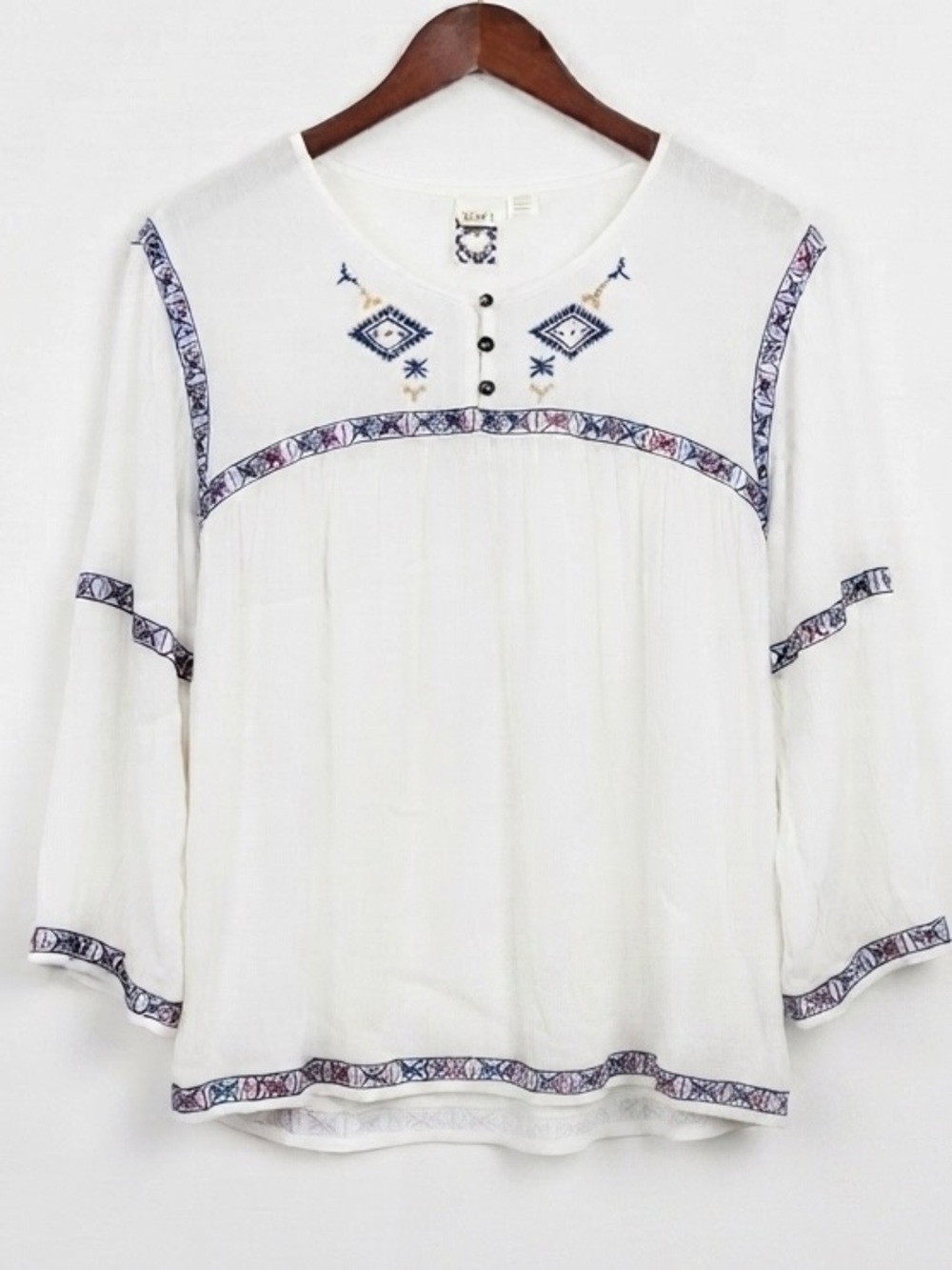 Roxy White Boho Embroidered Peasant Tunic with Navy & Purple Trim